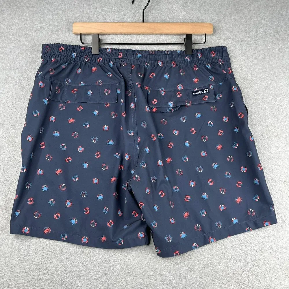 Salt Life Swim Shorts Navy Blue Crab Print Mens Size 36 Zip Fly Draw String